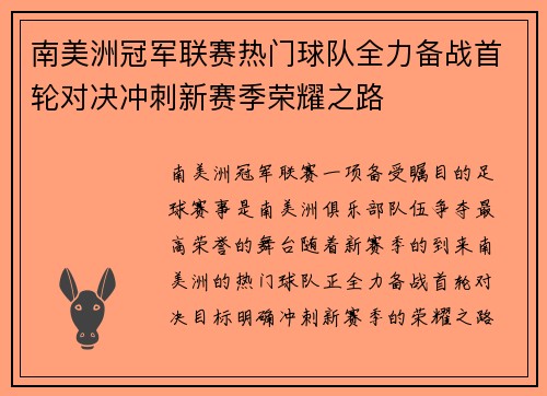 南美洲冠军联赛热门球队全力备战首轮对决冲刺新赛季荣耀之路