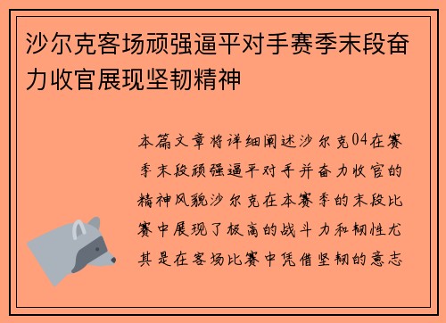 沙尔克客场顽强逼平对手赛季末段奋力收官展现坚韧精神